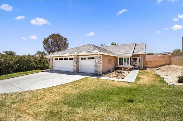 3310 Purple Sage Ln, Palmdale, CA 93550 - ranch-style home with an attached garage, concrete driveway, stone siding, and a tiled roof