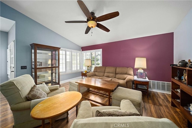3310 Purple Sage Ln, Palmdale, CA 93550 - living room featuring vaulted ceiling, a ceiling fan, and wood finished floors