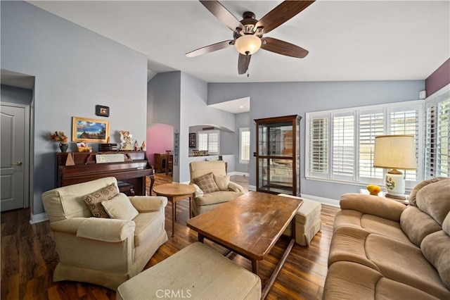 3310 Purple Sage Ln, Palmdale, CA 93550 - living area featuring vaulted ceiling, ceiling fan, arched walkways, healthy amount of natural light, and wood finished floors