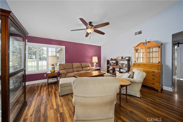 3310 Purple Sage Ln, Palmdale, CA 93550 - living area with vaulted ceiling, a ceiling fan, and dark wood-style flooring