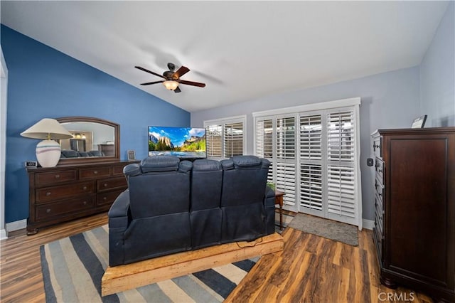 3310 Purple Sage Ln, Palmdale, CA 93550 - living area with lofted ceiling, a ceiling fan, and wood finished floors