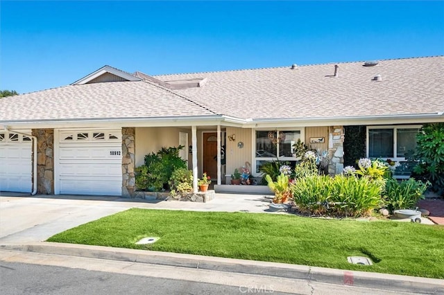 18912 Circle Of The Oaks, Newhall, CA 91321 - single story home featuring stone siding, a front lawn, an attached garage, concrete driveway, and a shingled roof