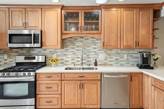 18912 Circle Of The Oaks, Newhall, CA 91321 - kitchen with appliances with stainless steel finishes, light countertops, open shelves, tasteful backsplash, and glass insert cabinets
