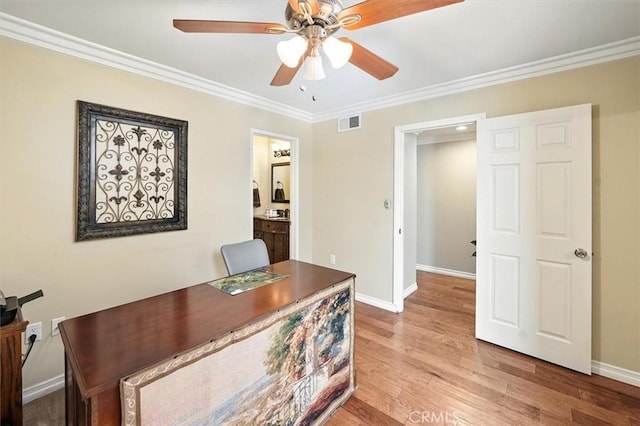 18912 Circle Of The Oaks, Newhall, CA 91321 - office area featuring ceiling fan, ornamental molding, and light wood-type flooring