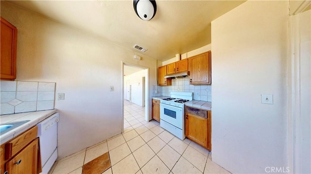 21845 Fox Ave, Apple Valley, CA 92307 - kitchen featuring white appliances, tile counters, under cabinet range hood, and tasteful backsplash