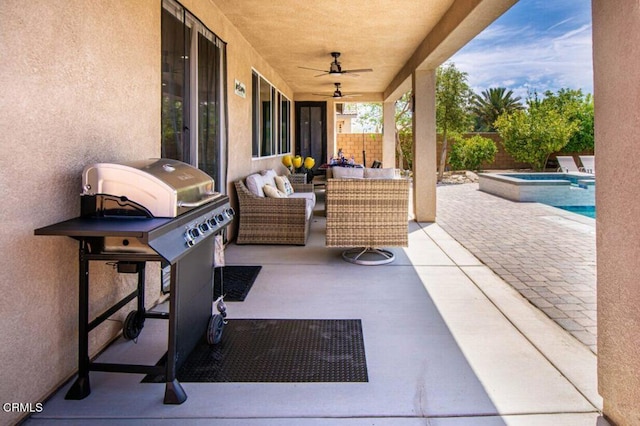 84319 Cigno Ct, Indio, CA 92203 - fenced backyard featuring a ceiling fan, a patio area, a grill, and an outdoor living space