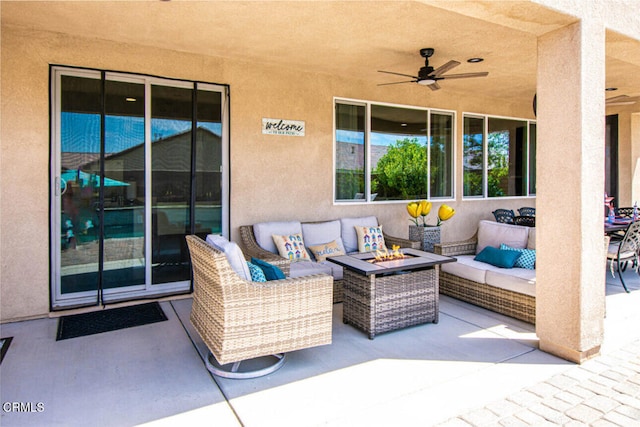 84319 Cigno Ct, Indio, CA 92203 - view of patio / terrace with an outdoor living space with a fire pit and a ceiling fan