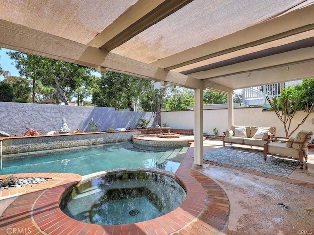 25152 Mammoth Cir, Lake Forest, CA 92630 - view of pool featuring a pool with connected hot tub, a patio, a fenced backyard, and an outdoor hangout area