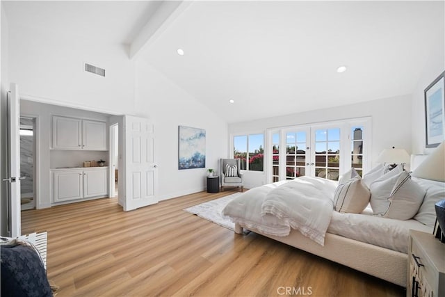24861 Camberwell St, Laguna Hills, CA 92653 - bedroom with high vaulted ceiling, light wood-style flooring, french doors, beamed ceiling, and recessed lighting