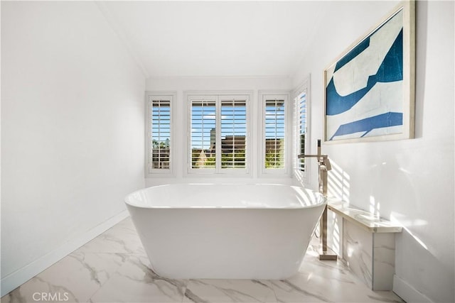 24861 Camberwell St, Laguna Hills, CA 92653 - full bathroom featuring marble finish flooring, a freestanding tub, and ornamental molding