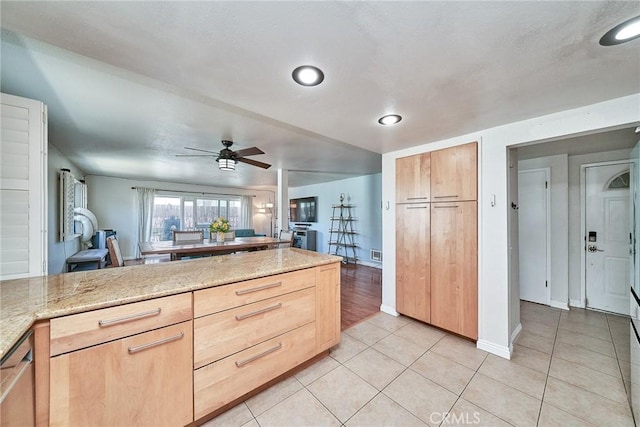 2424 S Gaffey St Unit 101, San Pedro, CA 90731 - kitchen with light brown cabinets, ceiling fan, light tile patterned floors, recessed lighting, and open floor plan