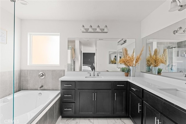 4443 Manzanita St, Guadalupe, CA 93434 - full bath with double vanity, a bath, marble look tiles, a shower, and ensuite bathroom