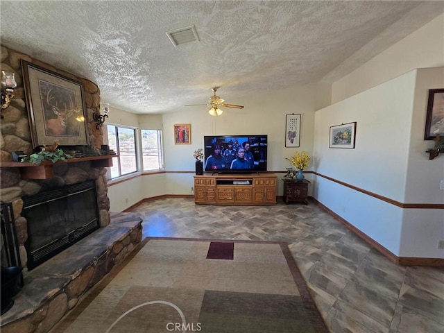 7050 Ivanpah Ave Unit 29, Palms, CA 92277 - living area with a textured ceiling, ceiling fan, and a fireplace