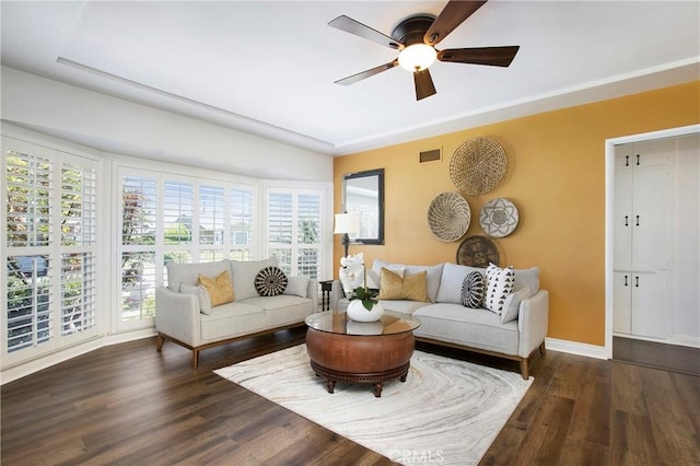 829 N Foxdale Ave, West Covina, CA 91790 - living room featuring healthy amount of natural light, a ceiling fan, and wood finished floors