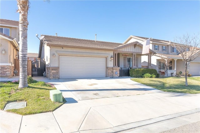 32765 Santa Cruz, Lake Elsinore, CA 92530 - view of front of property with a garage, stone siding, concrete driveway, a front lawn, and a porch