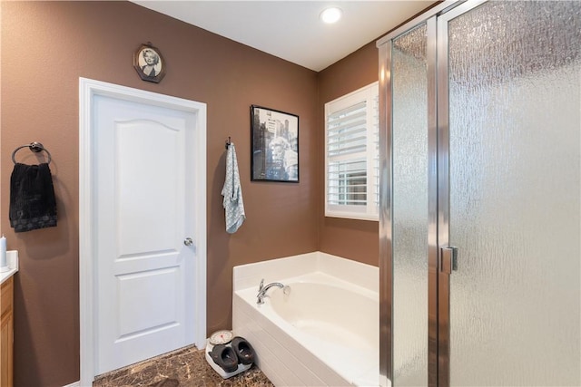 32765 Santa Cruz, Lake Elsinore, CA 92530 - bathroom featuring a bath, vanity, and a stall shower