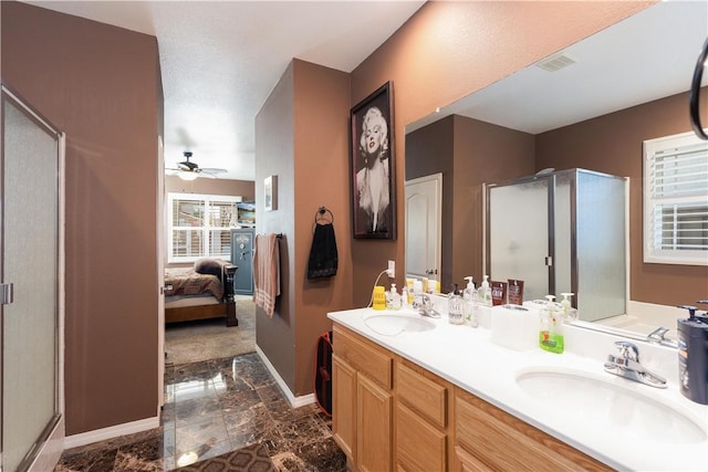 32765 Santa Cruz, Lake Elsinore, CA 92530 - ensuite bathroom featuring a stall shower, double vanity, marble finish floors, and ceiling fan