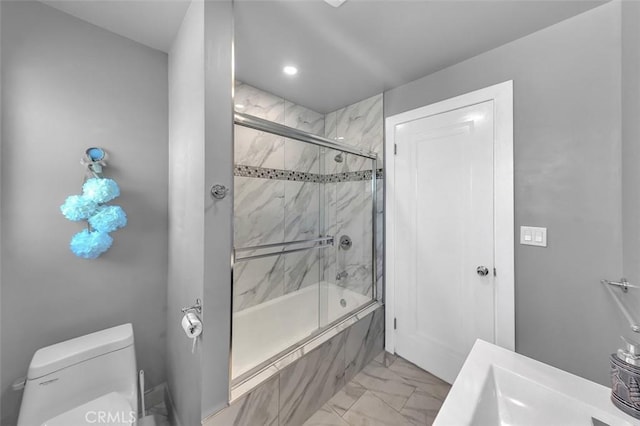 2049 W 71st St, Los Angeles, CA 90047 - full bath featuring marble finish flooring, bath / shower combo with glass door, and recessed lighting