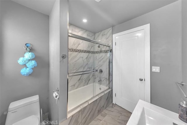 2049 W 71st St, Los Angeles, CA 90047 - full bath featuring marble finish floors, combined bath / shower with glass door, and recessed lighting