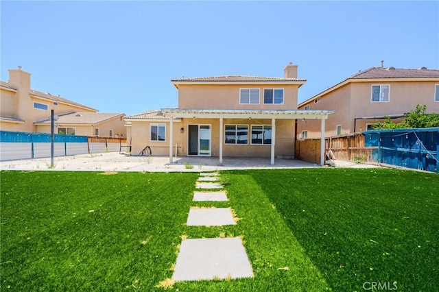 11818 Forest Park Ln, Victorville, CA 92392 - rear view of property with stucco siding, a patio, a fenced backyard, a chimney, and a pergola