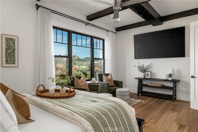 3325 Sagewood Hills Rd, Vista, CA 92084 - bedroom with beam ceiling, wood finished floors, and ceiling fan