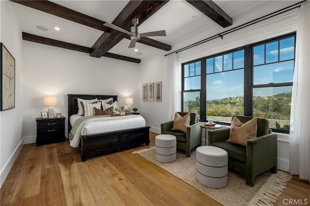 3325 Sagewood Hills Rd, Vista, CA 92084 - bedroom with beamed ceiling, wood finished floors, ceiling fan, and recessed lighting