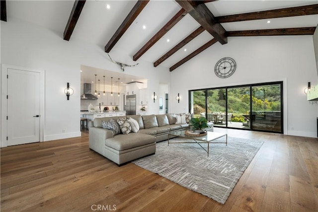 3325 Sagewood Hills Rd, Vista, CA 92084 - living area featuring high vaulted ceiling, recessed lighting, light wood finished floors, and beam ceiling
