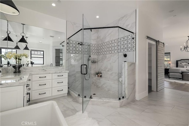 3325 Sagewood Hills Rd, Vista, CA 92084 - full bath with marble look tiles, vanity, a shower stall, a chandelier, and recessed lighting
