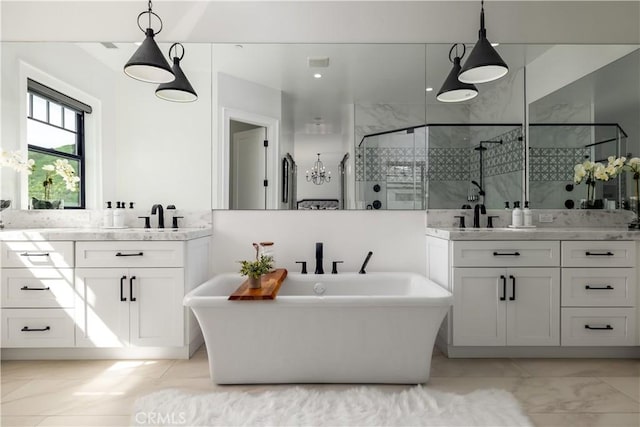 3325 Sagewood Hills Rd, Vista, CA 92084 - bathroom featuring two vanities, a stall shower, and a soaking tub