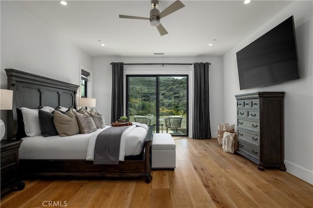 3325 Sagewood Hills Rd, Vista, CA 92084 - bedroom featuring access to exterior, light wood-style floors, recessed lighting, and a ceiling fan