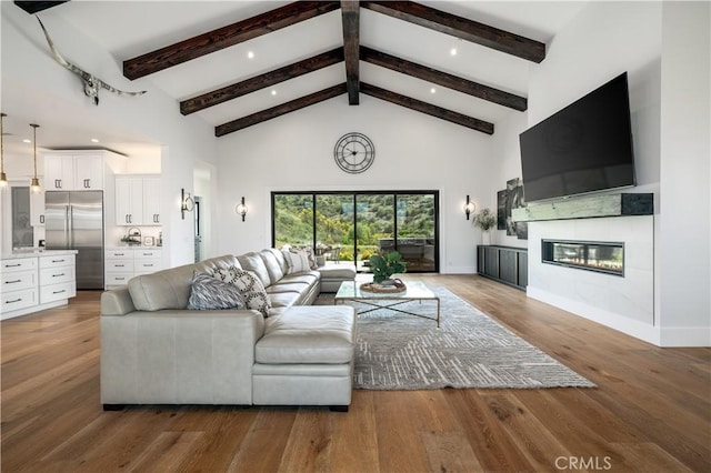 3325 Sagewood Hills Rd, Vista, CA 92084 - living area with high vaulted ceiling, wood finished floors, a fireplace, beamed ceiling, and recessed lighting