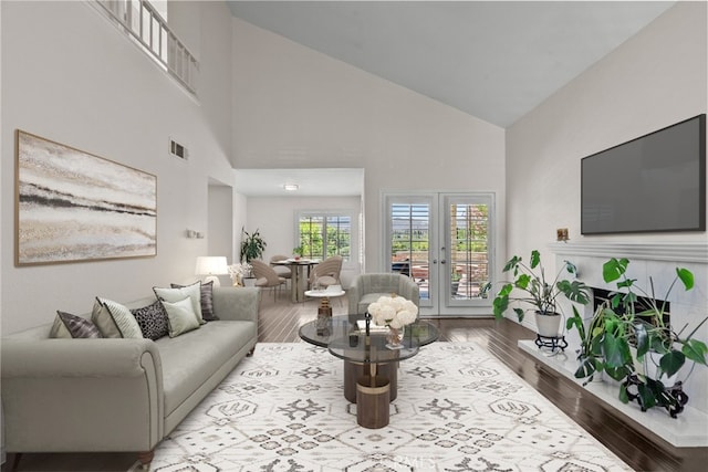808 Links View Dr, Simi Valley, CA 93065 - living room with high vaulted ceiling, wood finished floors, and a fireplace