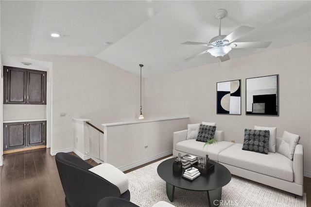 808 Links View Dr, Simi Valley, CA 93065 - living area featuring lofted ceiling, a ceiling fan, and dark wood-style floors