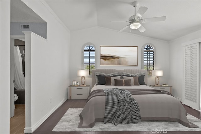 808 Links View Dr, Simi Valley, CA 93065 - bedroom with crown molding, wood finished floors, lofted ceiling, and a ceiling fan