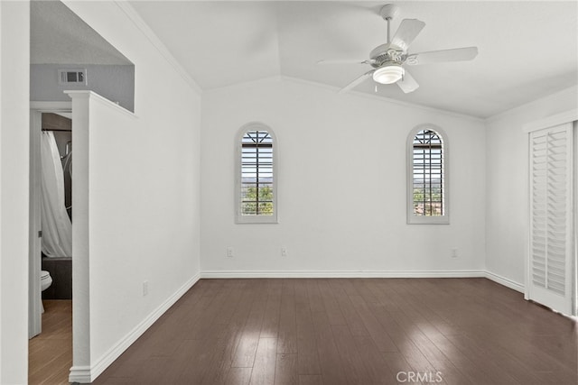 808 Links View Dr, Simi Valley, CA 93065 - unfurnished bedroom featuring dark wood-style flooring, crown molding, lofted ceiling, and ceiling fan