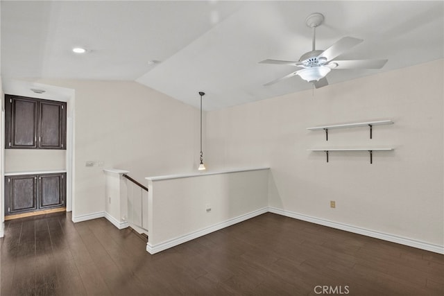 808 Links View Dr, Simi Valley, CA 93065 - empty room featuring a ceiling fan, vaulted ceiling, and dark wood-type flooring