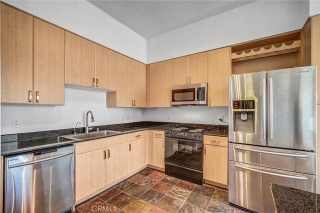 388 E Ocean Blvd Unit 1215, Long Beach, CA 90802 - kitchen with appliances with stainless steel finishes, light brown cabinetry, open shelves, stone finish flooring, and dark stone counters