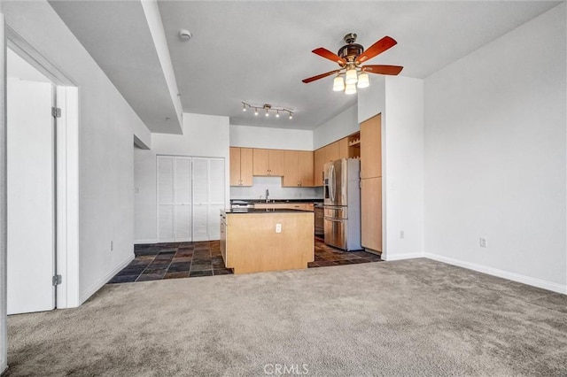 388 E Ocean Blvd Unit 1215, Long Beach, CA 90802 - kitchen featuring stainless steel refrigerator with ice dispenser, dark colored carpet, a ceiling fan, a kitchen island, and open floor plan