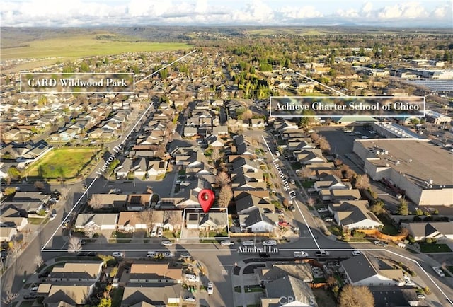 1101 Admiral Ln, Chico, CA 95973 - aerial overview of property's location featuring nearby suburban area