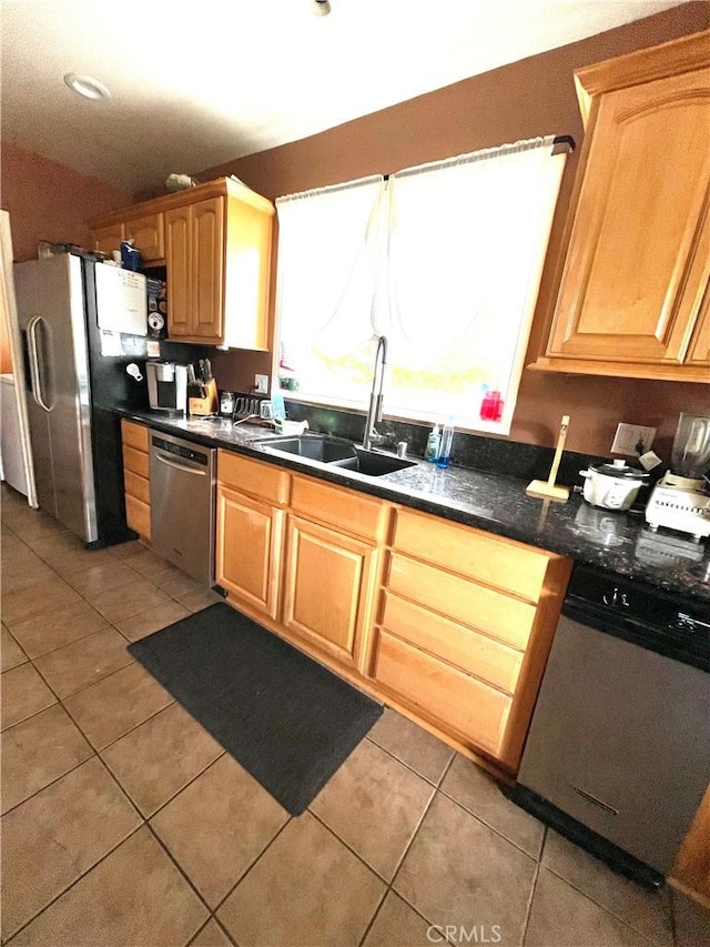 7957 Sausalito Ave, West Hills, CA 91304 - kitchen with appliances with stainless steel finishes, light tile patterned flooring, dark countertops, and recessed lighting