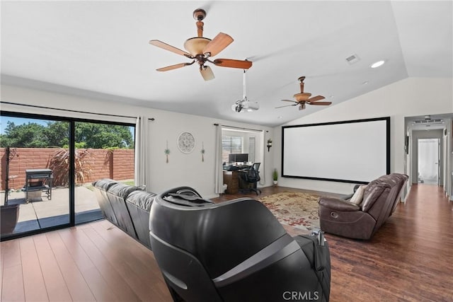1269 Country Hill Rd, Santa Maria, CA 93455 - home theater featuring lofted ceiling, a ceiling fan, healthy amount of natural light, and wood finished floors