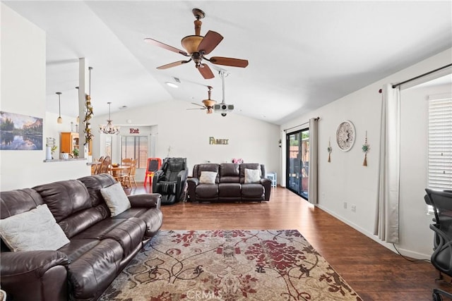 1269 Country Hill Rd, Santa Maria, CA 93455 - living room with a ceiling fan, wood finished floors, and vaulted ceiling