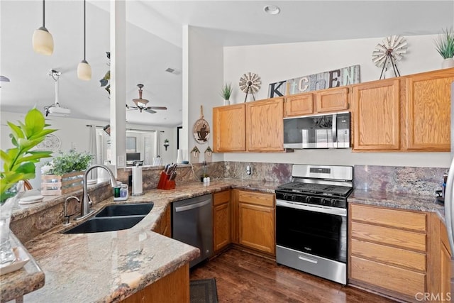 1269 Country Hill Rd, Santa Maria, CA 93455 - kitchen with stainless steel appliances, light stone counters, dark wood-style flooring, ceiling fan, and recessed lighting