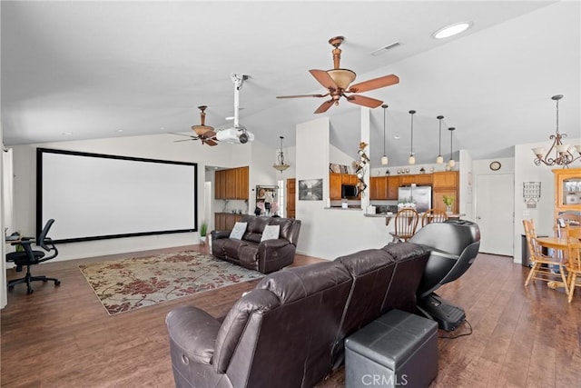 1269 Country Hill Rd, Santa Maria, CA 93455 - cinema room with ceiling fan, lofted ceiling, wood finished floors, and a chandelier