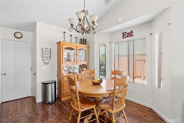 1269 Country Hill Rd, Santa Maria, CA 93455 - dining area with dark wood finished floors, a chandelier, and lofted ceiling