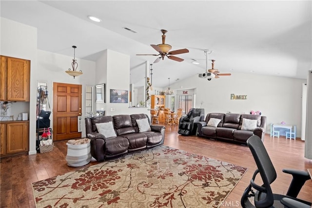 1269 Country Hill Rd, Santa Maria, CA 93455 - living room with a ceiling fan, wood finished floors, high vaulted ceiling, and a chandelier