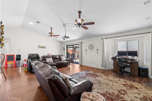 1269 Country Hill Rd, Santa Maria, CA 93455 - living area with lofted ceiling, wood finished floors, ceiling fan, recessed lighting, and an office area