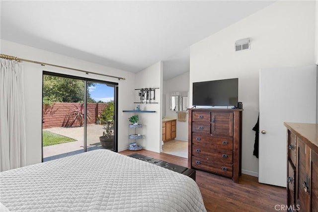1269 Country Hill Rd, Santa Maria, CA 93455 - bedroom featuring access to outside, wood finished floors, lofted ceiling, and ensuite bathroom