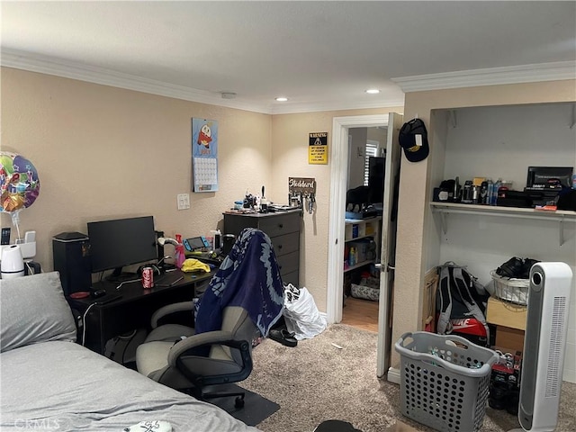 13213 Leffingwell Rd, Whittier, CA 90605 - bedroom featuring ornamental molding, a desk, carpet flooring, and recessed lighting
