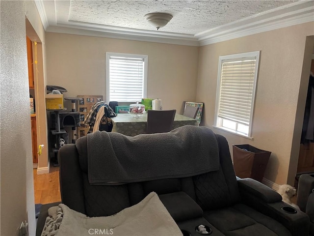 13213 Leffingwell Rd, Whittier, CA 90605 - living area with ornamental molding, healthy amount of natural light, a textured ceiling, and wood finished floors